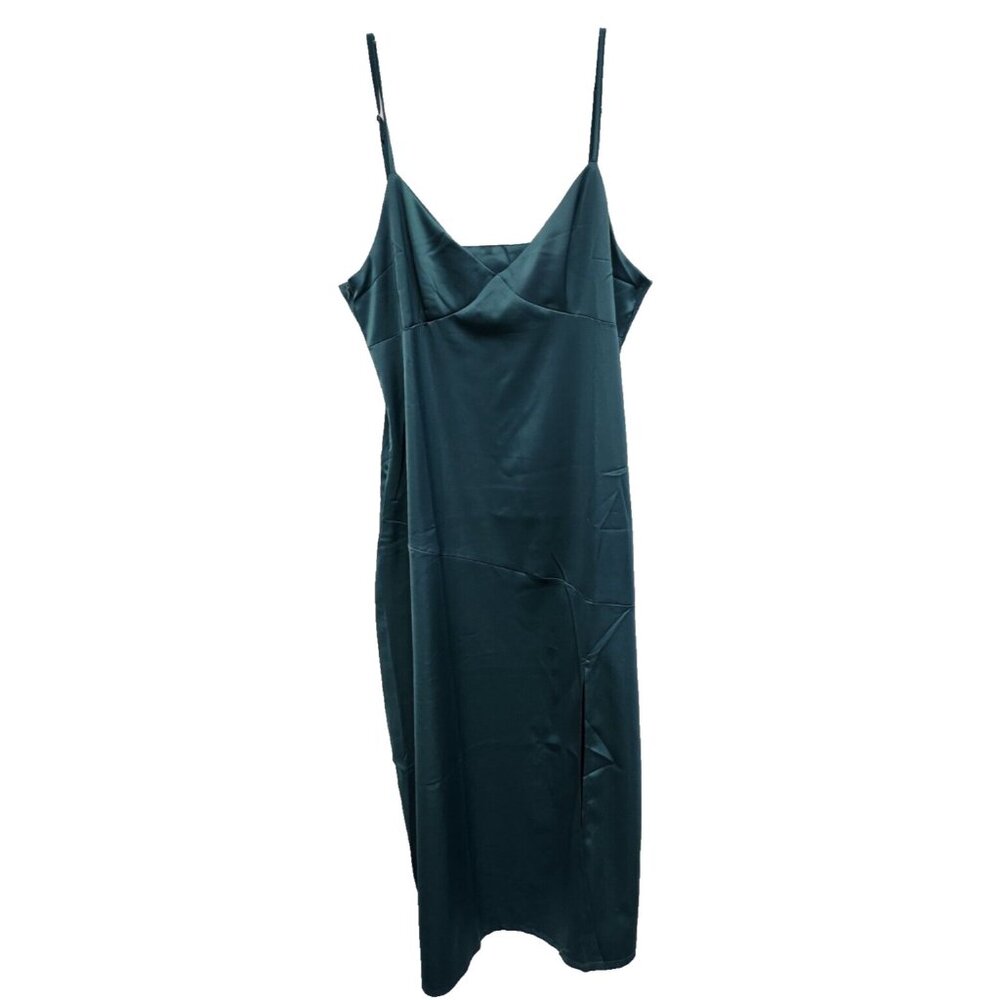 Diwidi Maxi Dress Large Emerald Green Slit Front Sleeveless Satin‎ Holiday Party